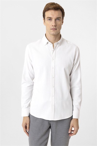 Ekru Slim Fit Desenli Düğmeli Yaka Gömlek