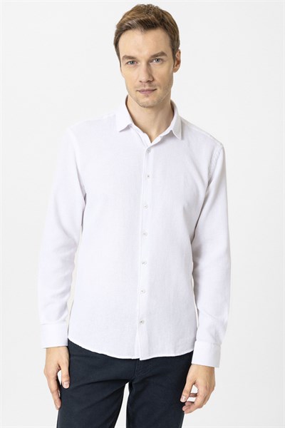 Ekru Slim Fit Desenli Klasik Yaka Gömlek