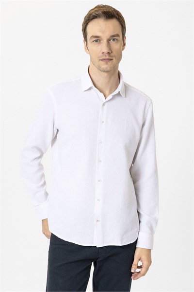 Ekru Slim Fit Desenli Klasik Yaka Gömlek