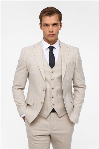 Ekru Slim Fit Desenli Mono Yaka 6 Drop Yelekli Klasik Takım Elbise