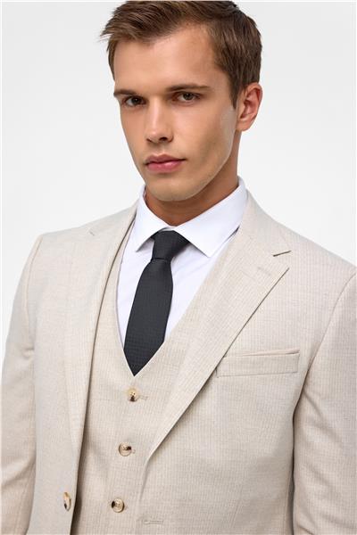 Ekru Slim Fit Desenli Mono Yaka 6 Drop Yelekli Klasik Takım Elbise