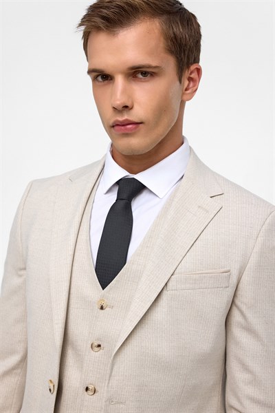 Ekru Slim Fit Desenli Mono Yaka 6 Drop Yelekli Klasik Takım Elbise