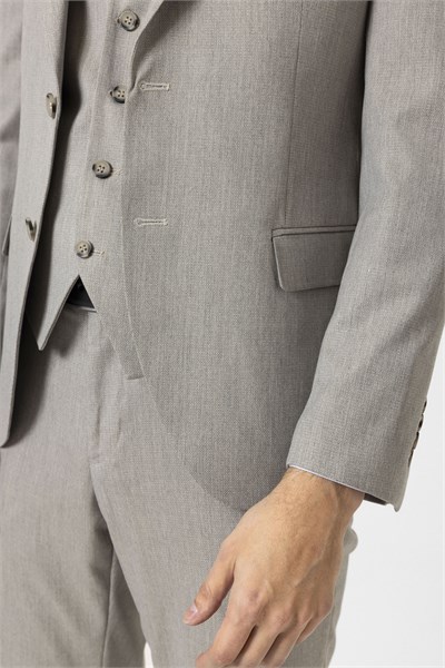 Ekru Slim Fit Desenli Sivri Yaka 6 Drop Yelekli Klasik Takım Elbise