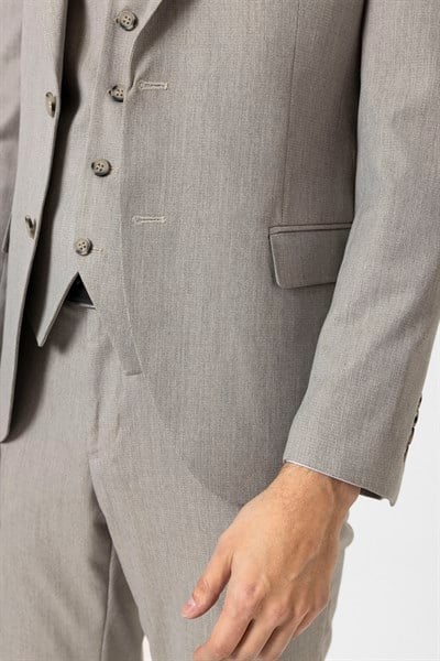Ekru Slim Fit Desenli Sivri Yaka 6 Drop Yelekli Klasik Takım Elbise