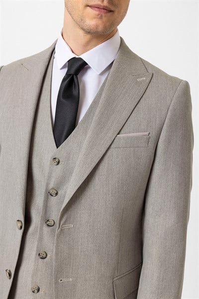 Ekru Slim Fit Desenli Sivri Yaka 6 Drop Yelekli Klasik Takım Elbise