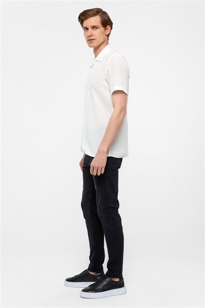 Ekru Slim Fit Düz Apaş Yaka Gömlek