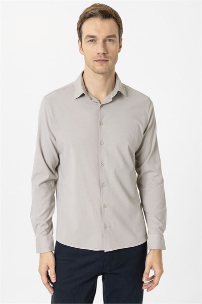 Ekru Slim Fit Düz Klasik Yaka Gömlek