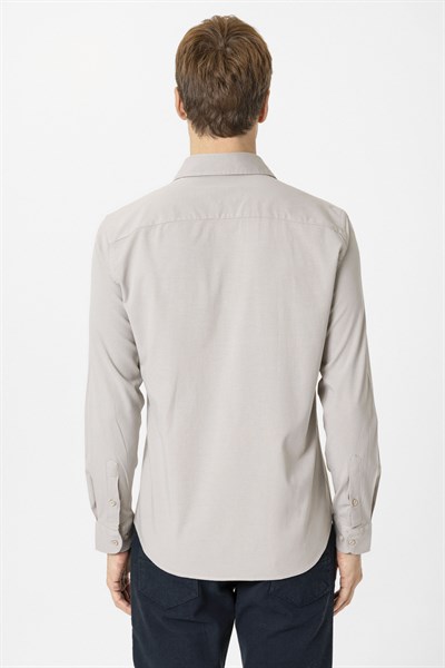 Ekru Slim Fit Düz Klasik Yaka Gömlek