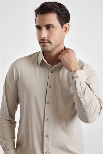 Ekru Slim Klasik Yaka Düz Uzun Kollu Casual Gömlek
