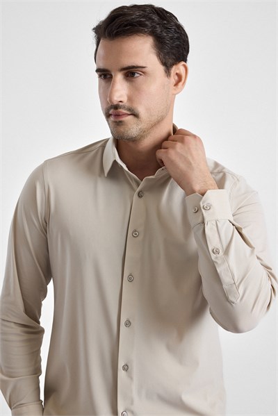 Ekru Slim Klasik Yaka Düz Uzun Kollu Casual Gömlek
