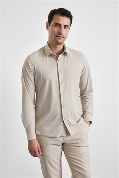 Ekru Slim Klasik Yaka Düz Uzun Kollu Casual Gömlek