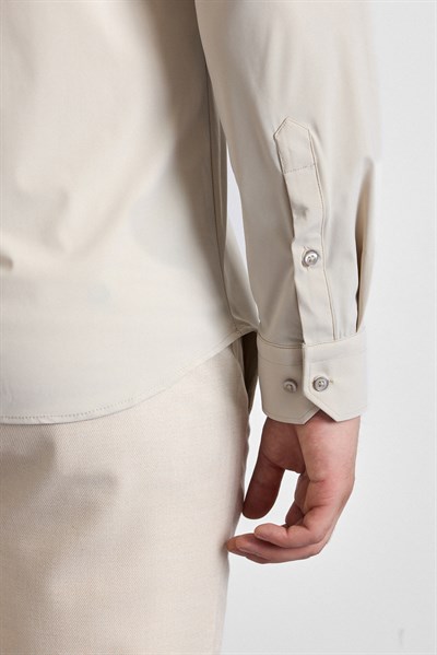 Ekru Slim Klasik Yaka Düz Uzun Kollu Casual Gömlek