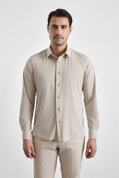 Ekru Slim Klasik Yaka Düz Uzun Kollu Casual Gömlek