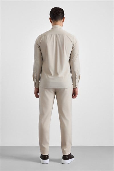 Ekru Slim Klasik Yaka Düz Uzun Kollu Casual Gömlek