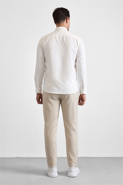 Ekru Slim Klasik Yaka Uzun Kollu Casual Gömlek