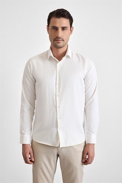 Ekru Slim Klasik Yaka Uzun Kollu Casual Gömlek
