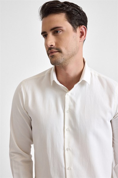 Ekru Slim Klasik Yaka Uzun Kollu Casual Gömlek