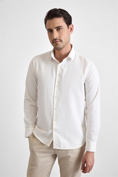 Ekru Slim Klasik Yaka Uzun Kollu Casual Gömlek