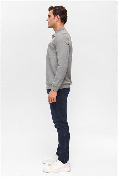 Gri Regular Armürlü Polo Yaka Sweatshirt