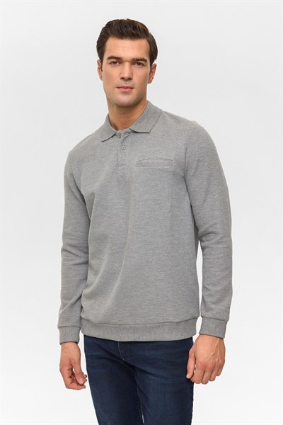 Gri Regular Armürlü Polo Yaka Sweatshirt
