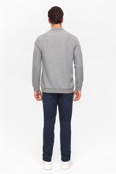 Gri Regular Armürlü Polo Yaka Sweatshirt