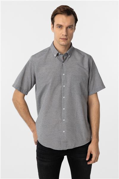 Gri Regular Fit Desenli Düğmeli Yaka Kısa Kollu Gömlek