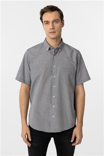 Gri Regular Fit Desenli Düğmeli Yaka Kısa Kollu Gömlek