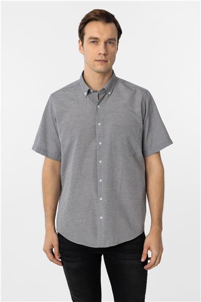 Gri Regular Fit Desenli Düğmeli Yaka Kısa Kollu Gömlek