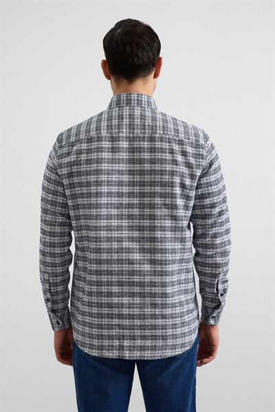 Gri Regular Düğmeli Yaka Kareli Casual Gömlek