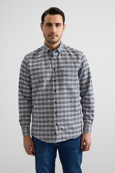 Gri Regular Düğmeli Yaka Kareli Casual Gömlek