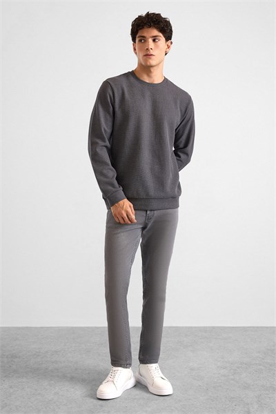 Gri Regular Düz Bisiklet Yaka Sweatshirt