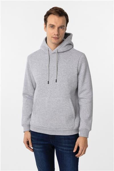 Gri Regular Düz Kapüşonlu Yaka Sweatshirt