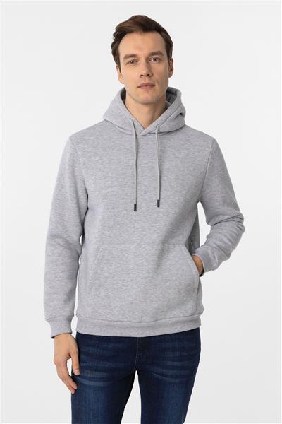 Gri Regular Düz Kapüşonlu Yaka Sweatshirt