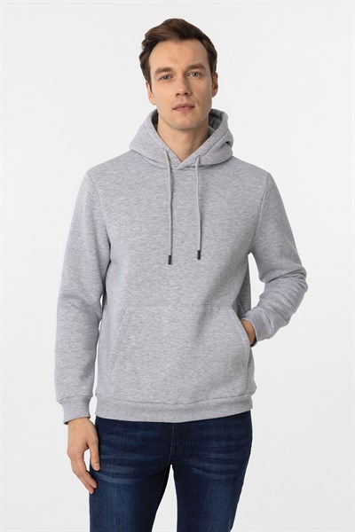 Gri Regular Düz Kapüşonlu Yaka Sweatshirt