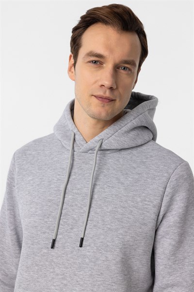 Gri Regular Düz Kapüşonlu Yaka Sweatshirt