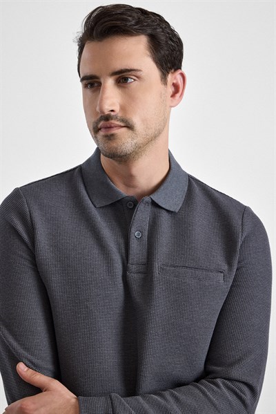 Gri Regular Düz Polo Yaka Sweatshirt