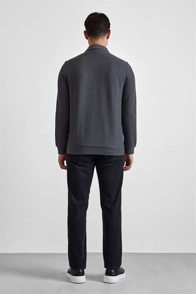 Gri Regular Düz Polo Yaka Sweatshirt