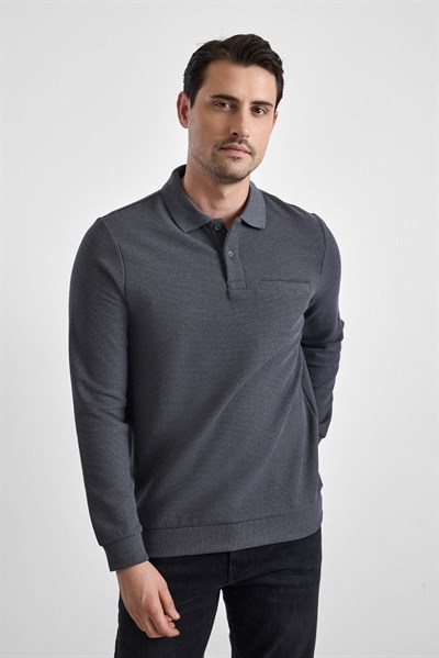 Gri Regular Düz Polo Yaka Sweatshirt