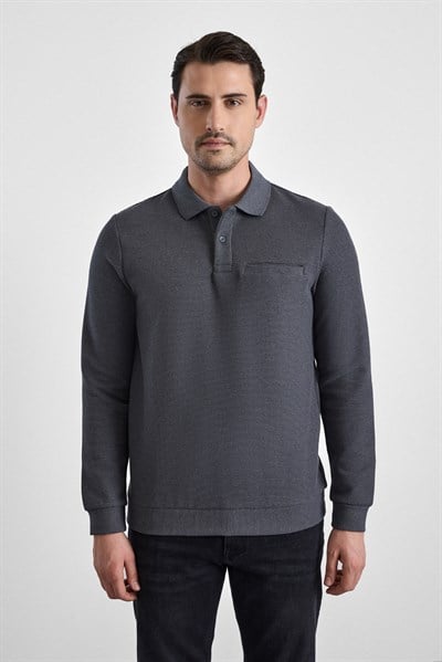 Gri Regular Düz Polo Yaka Sweatshirt