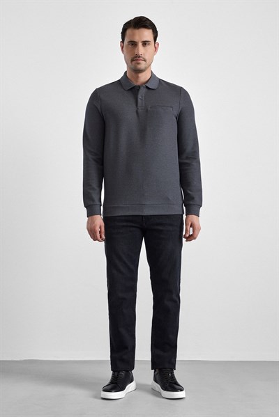 Gri Regular Düz Polo Yaka Sweatshirt