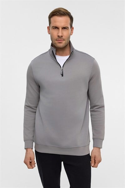 Gri Regular Düz Yarım Balıkçı Yaka Sweatshirt
