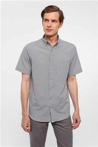 Gri Regular Fit Kareli Düğmeli Yaka Gömlek