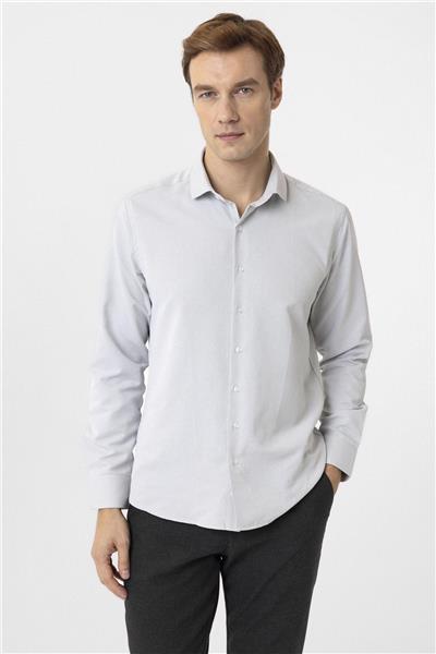 Gri Slim Fit Armürlü Klasik Yaka Gömlek