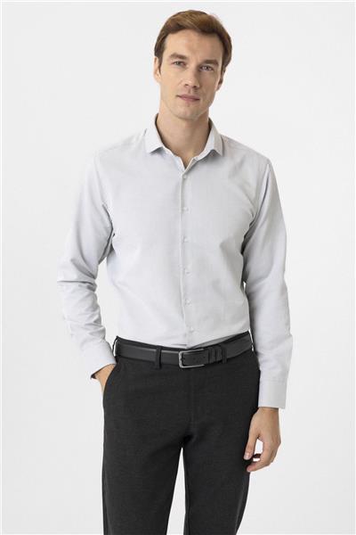 Gri Slim Fit Armürlü Klasik Yaka Gömlek