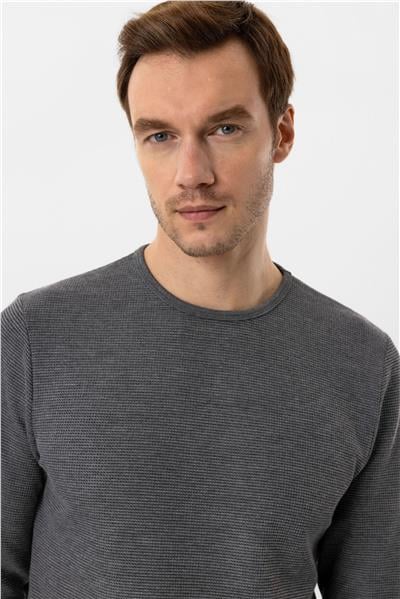 Gri Slim Fit Armürlü Bisiklet Yaka Sweatshirt