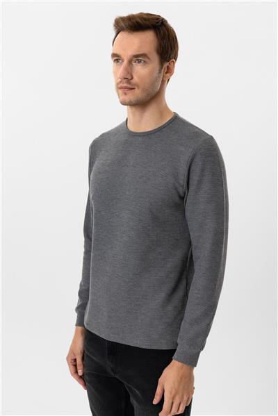Gri Slim Fit Armürlü Bisiklet Yaka Sweatshirt