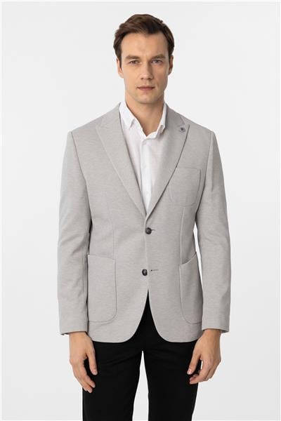 Gri Slim Fit Armürlü Sivri Yaka 6 Drop Ceket