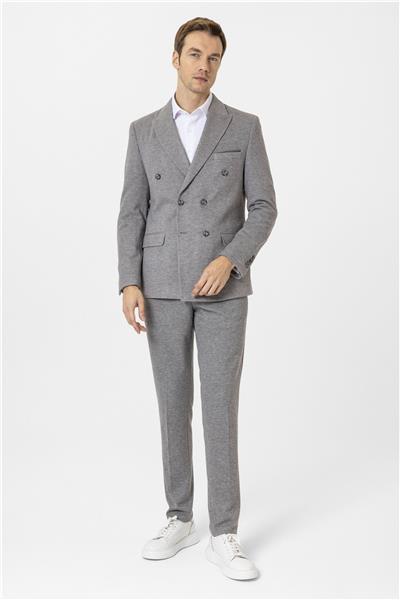 Gri Slim Fit Desenli Kruvaze Yaka 6 Drop Spor Takım Elbise