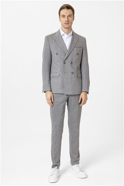 Gri Slim Fit Desenli Kruvaze Yaka 6 Drop Spor Takım Elbise