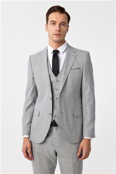 Gri Slim Fit Desenli Mono Yaka 6 Drop Yelekli Klasik Takım Elbise